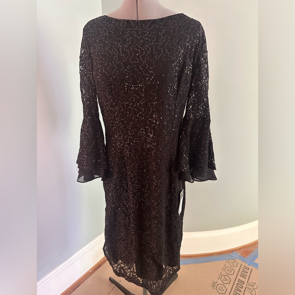 Ignite Evening Black Sequin Lace Bell-Sleeve Dress size 12